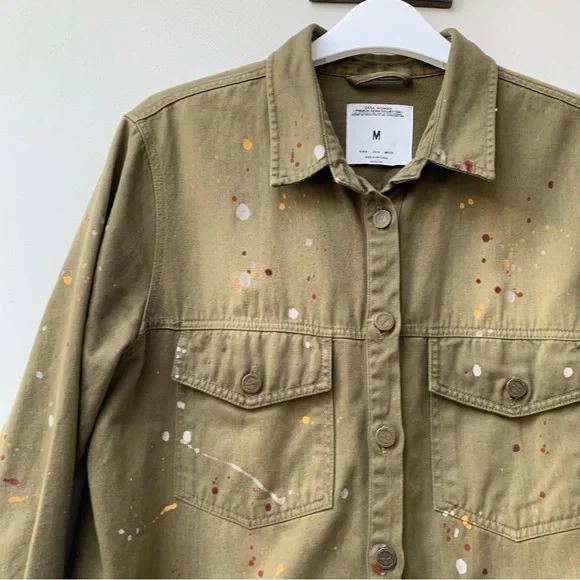 Zara khaki denim shacket chore shirt jacket paint splatter size medium - Picture 6 of 10